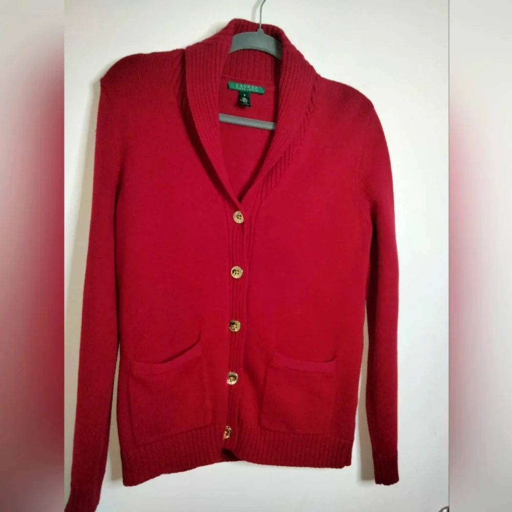 Lauren Ralph Lauren (Size M) Red Stretch Button Down LS Knit Cardigan Sweater